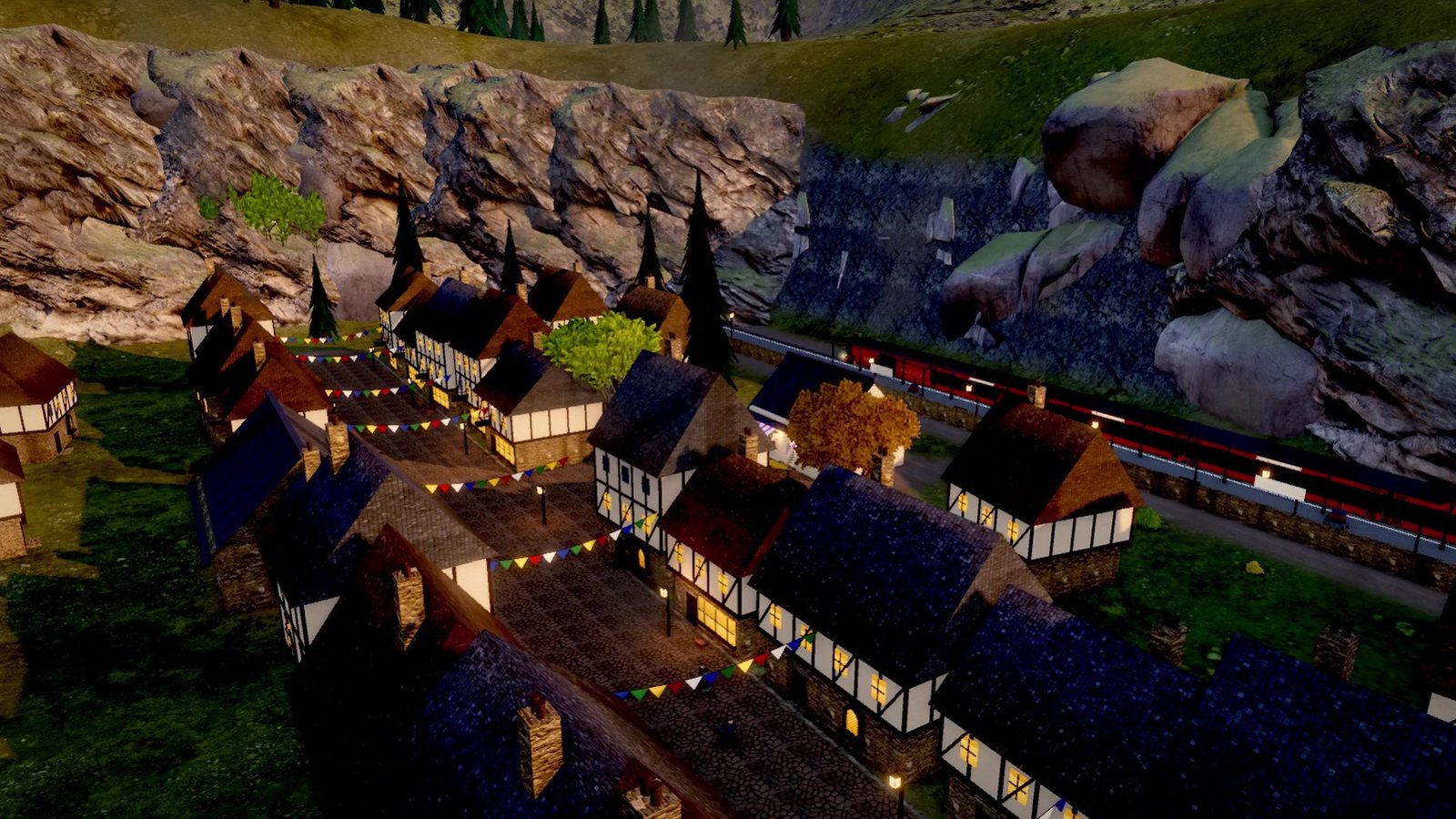 Hogsmeade village from above, lamps lit