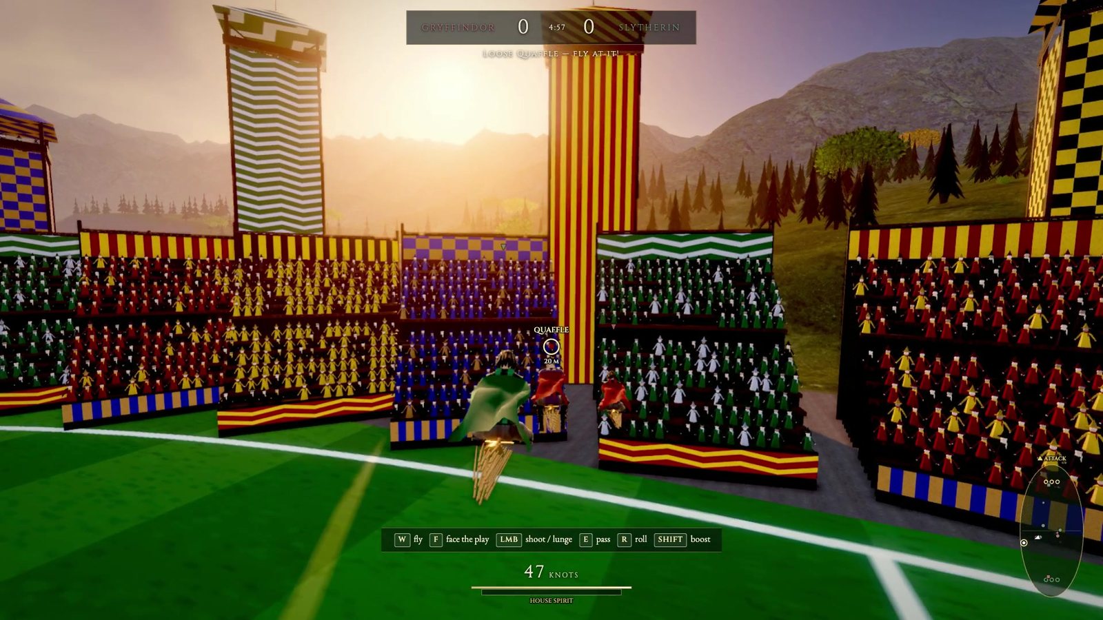 A Quidditch match in the stadium, with the score and match HUD on screen