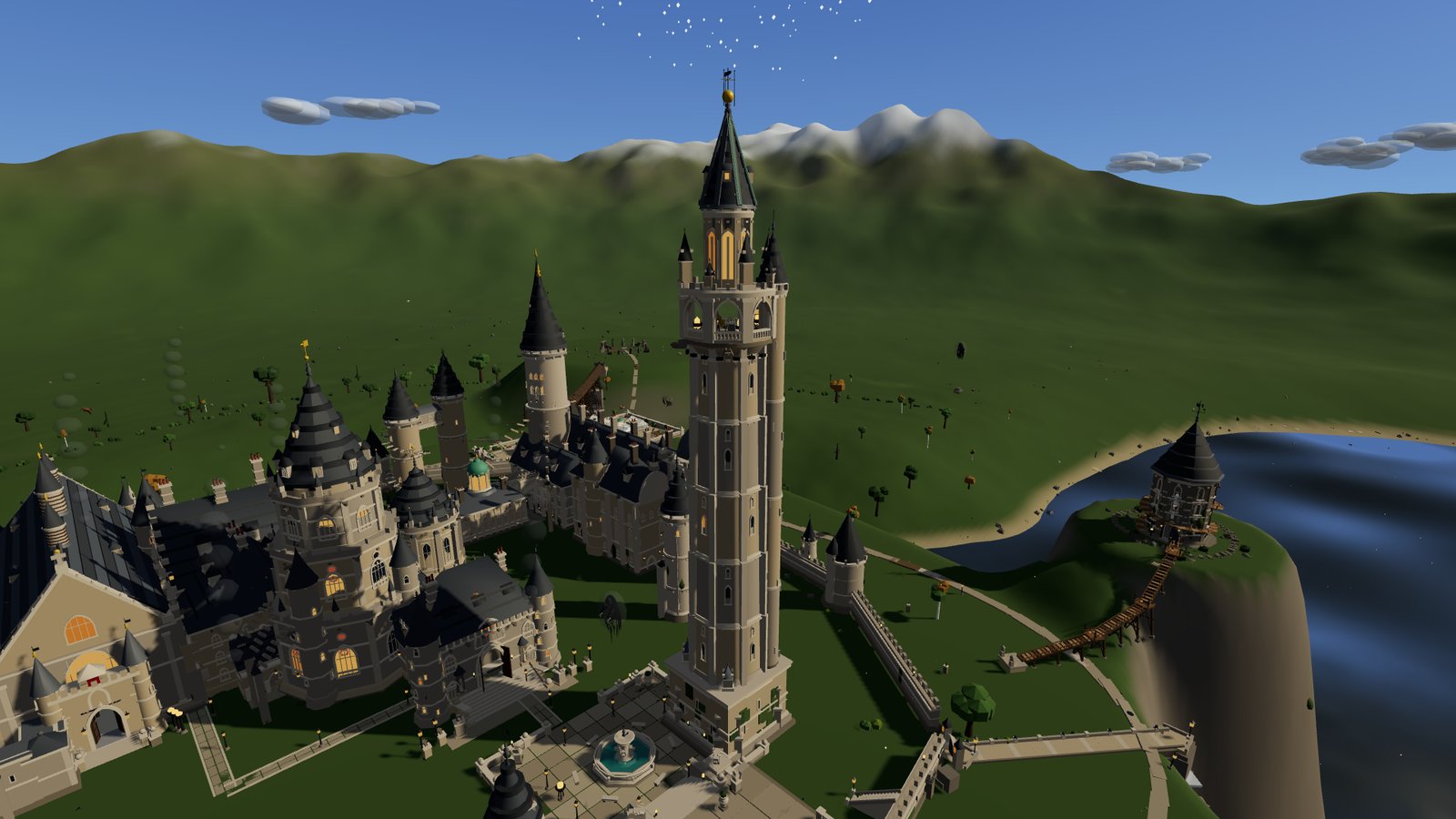 The Astronomy Tower rising over the castle, with the lake beyond