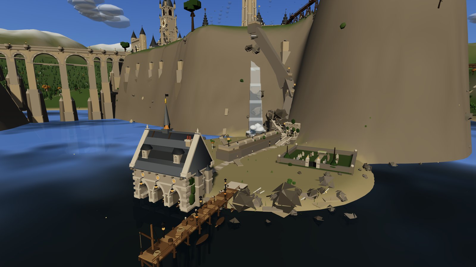 The boathouse and jetty at the foot of the cliffs on the lake