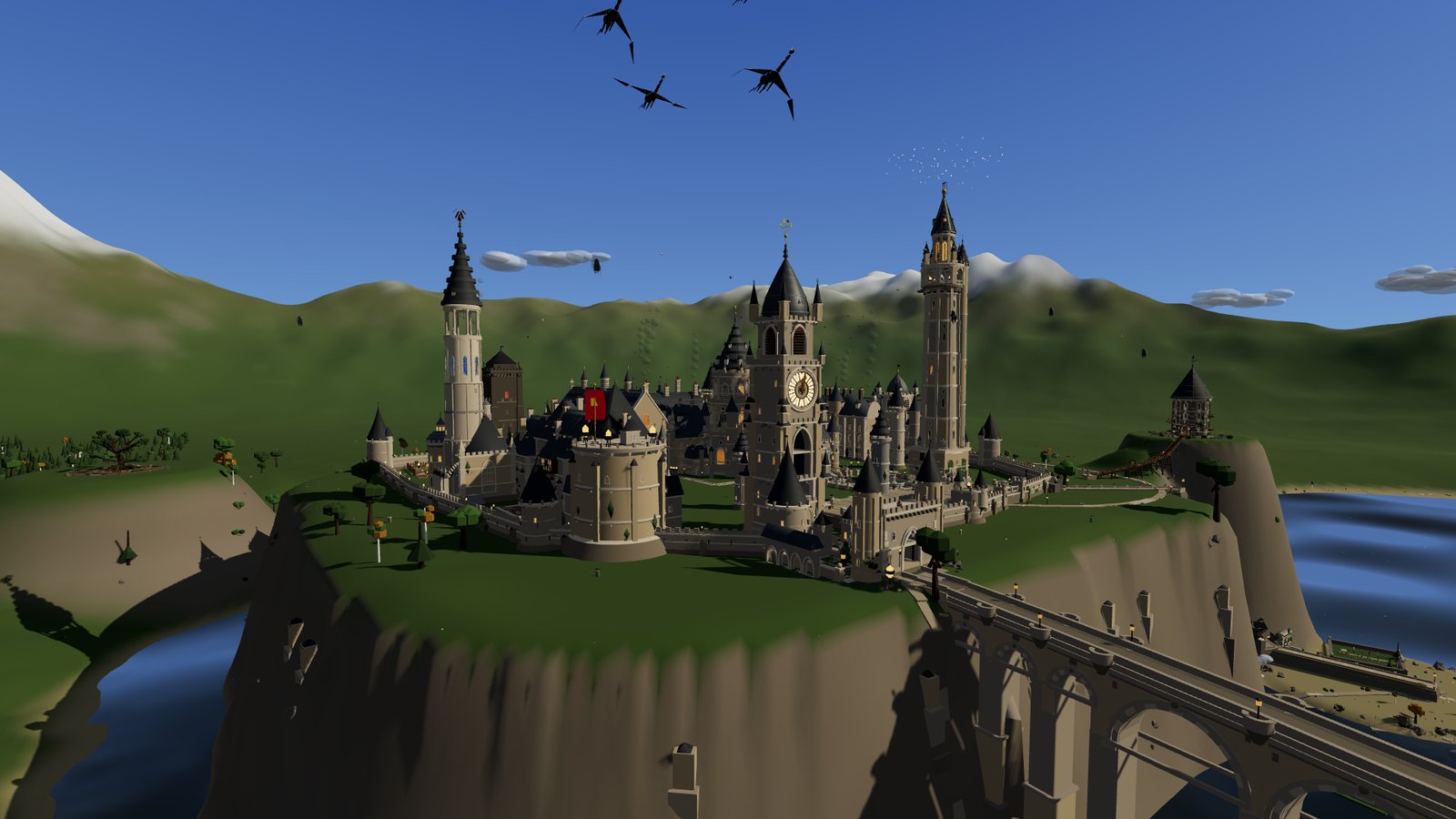 Actual gameplay: the castle on its cliff above the lake on a bright morning