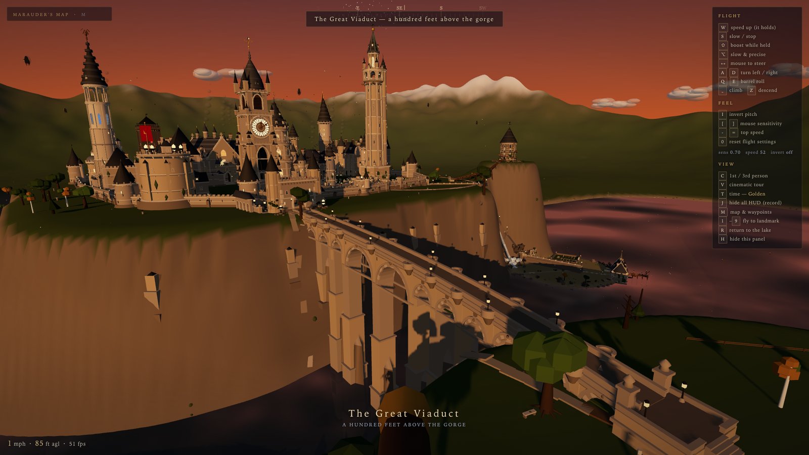 Flying toward the Great Viaduct and the castle at golden hour, with the flight controls on screen