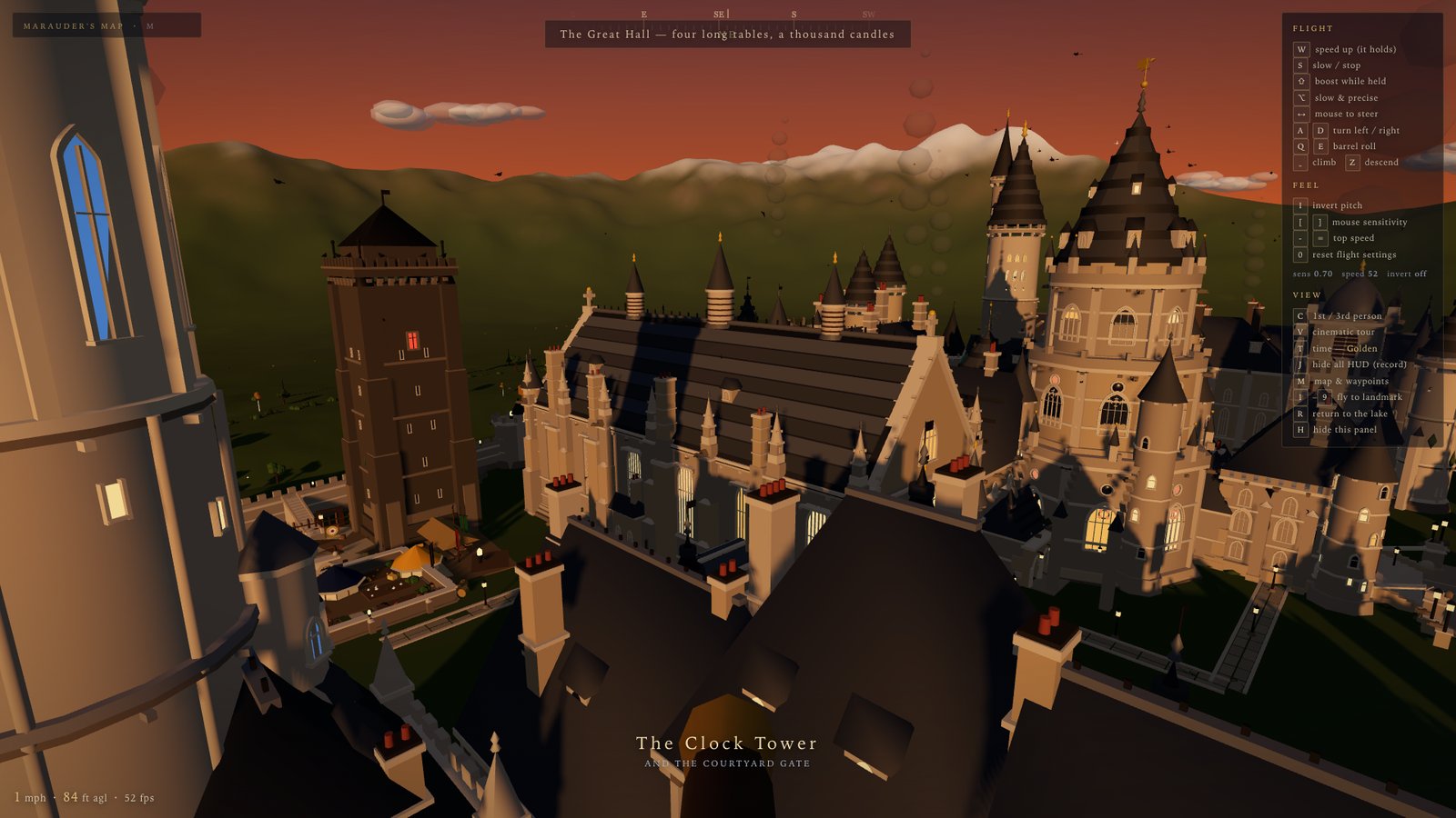 Flying a broom over the castle rooftops toward the Great Hall, with the compass and landmark name on screen