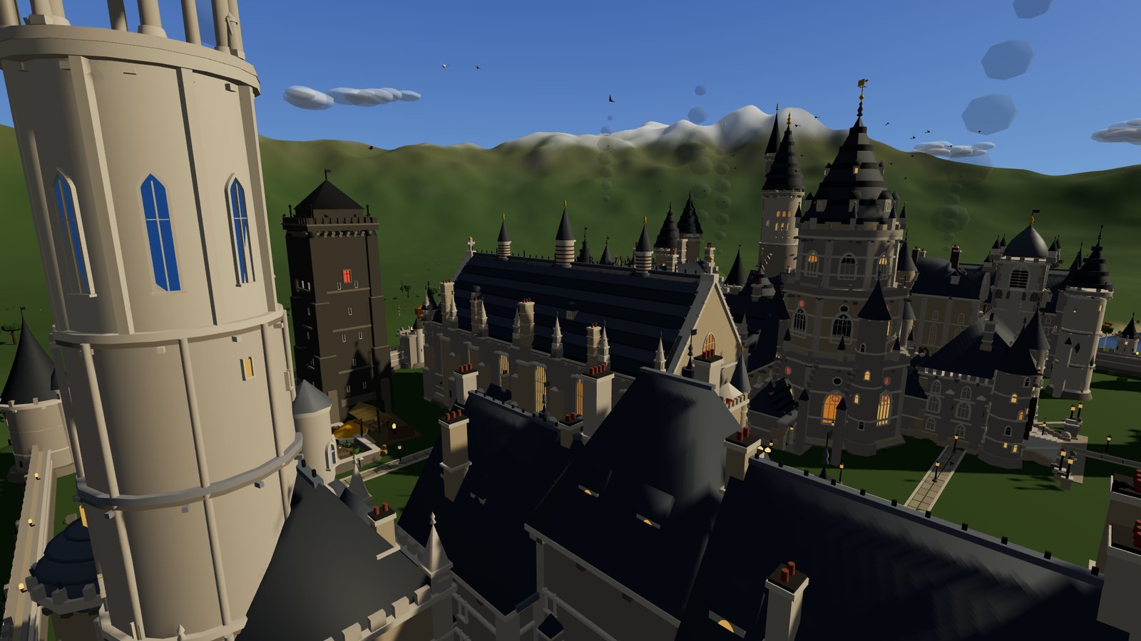 The Great Hall roof and surrounding towers on a bright morning