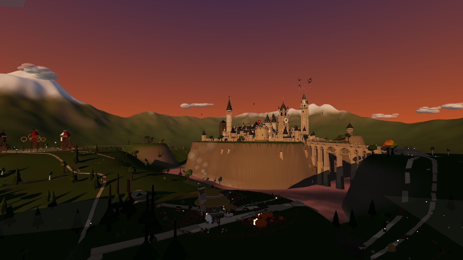 The castle seen across the grounds near Hagrid’s hut at golden hour