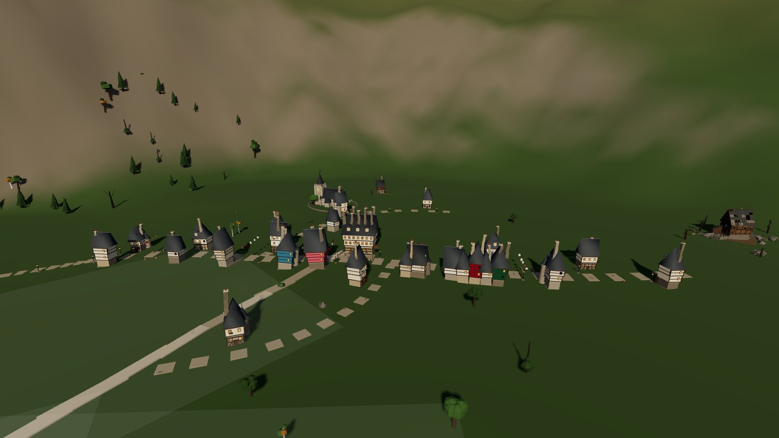 The village of Hogsmeade in the hills, with its railway line