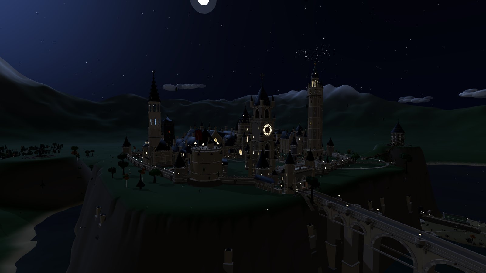 The castle at night with lit windows