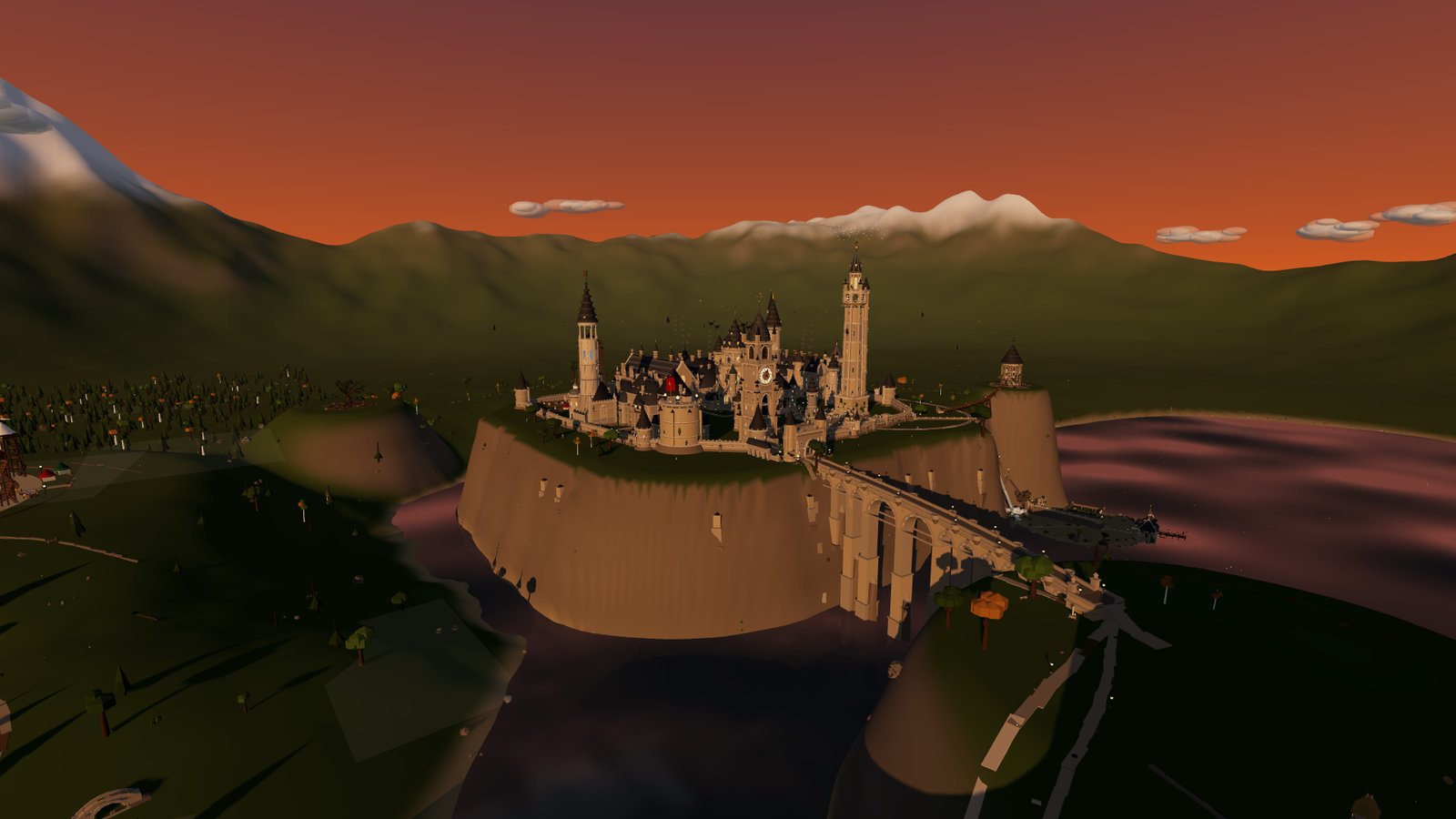 Hogwarts on its cliff above the valley and the Great Viaduct at golden hour