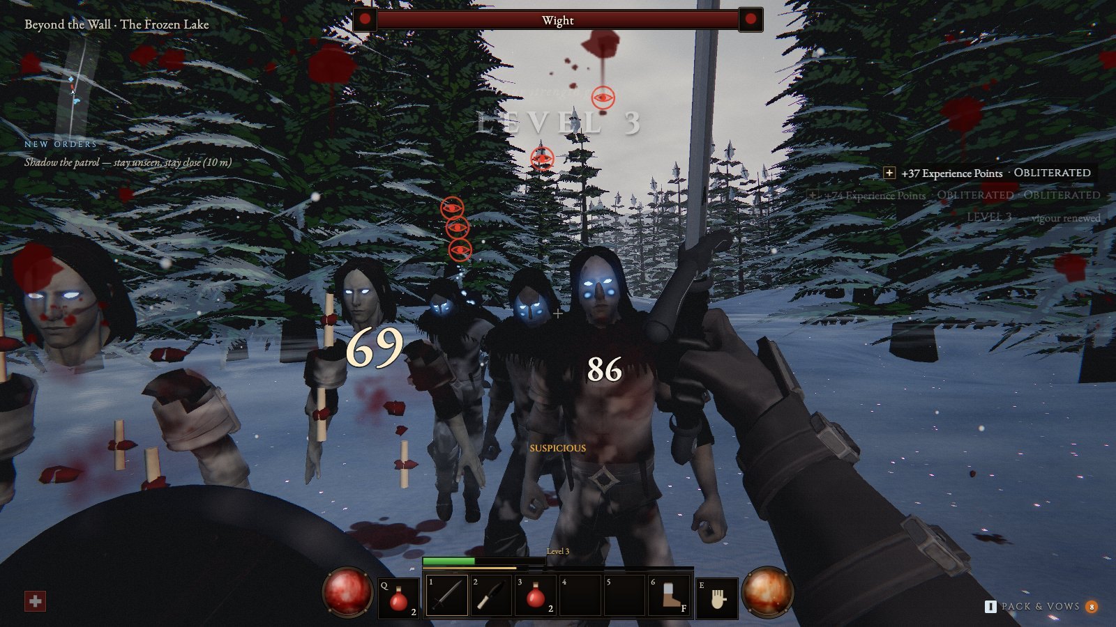 A first-person sword fight against wights in the snow, with damage numbers on screen