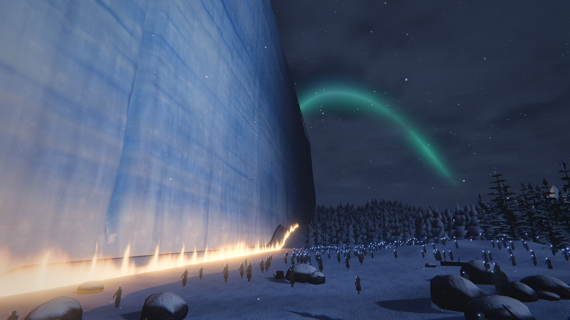 The Wall towering over Castle Black under a green aurora, with a line of fire at its foot and the army of the dead gathering in the snow