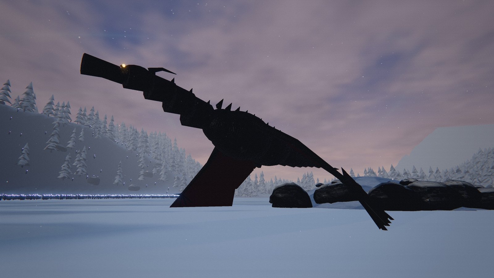 A dragon flying low over the frozen lake at dusk