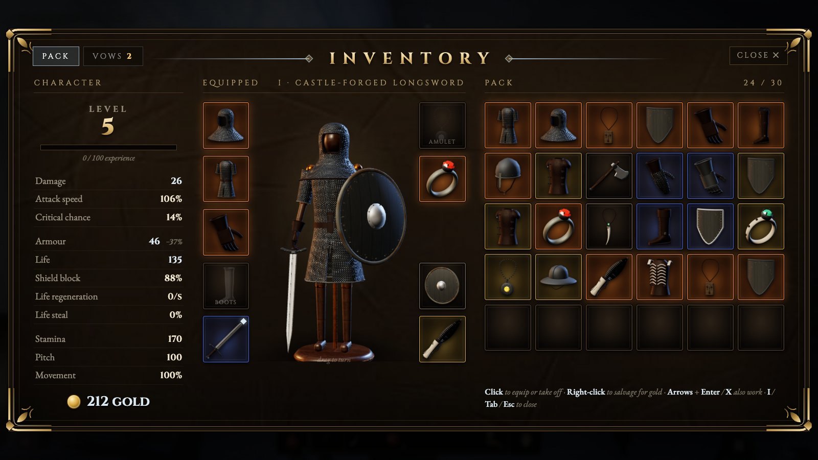 The inventory: an armour stand in real gear beside the pack and its items
