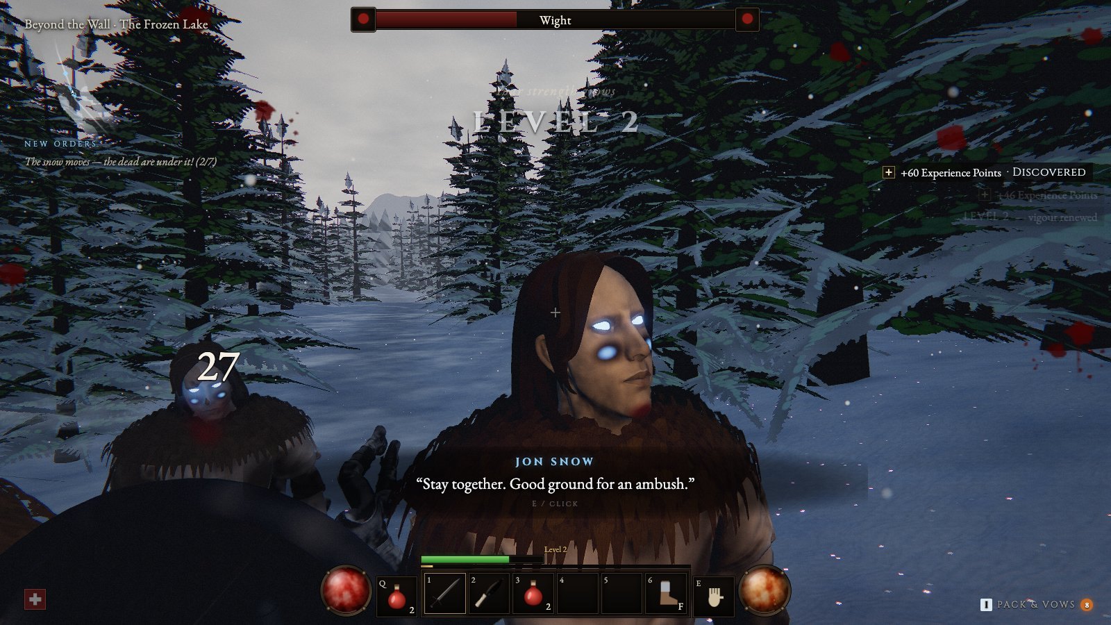 Jon Snow speaking to the player in the pines beyond the Wall, with the dialogue on screen