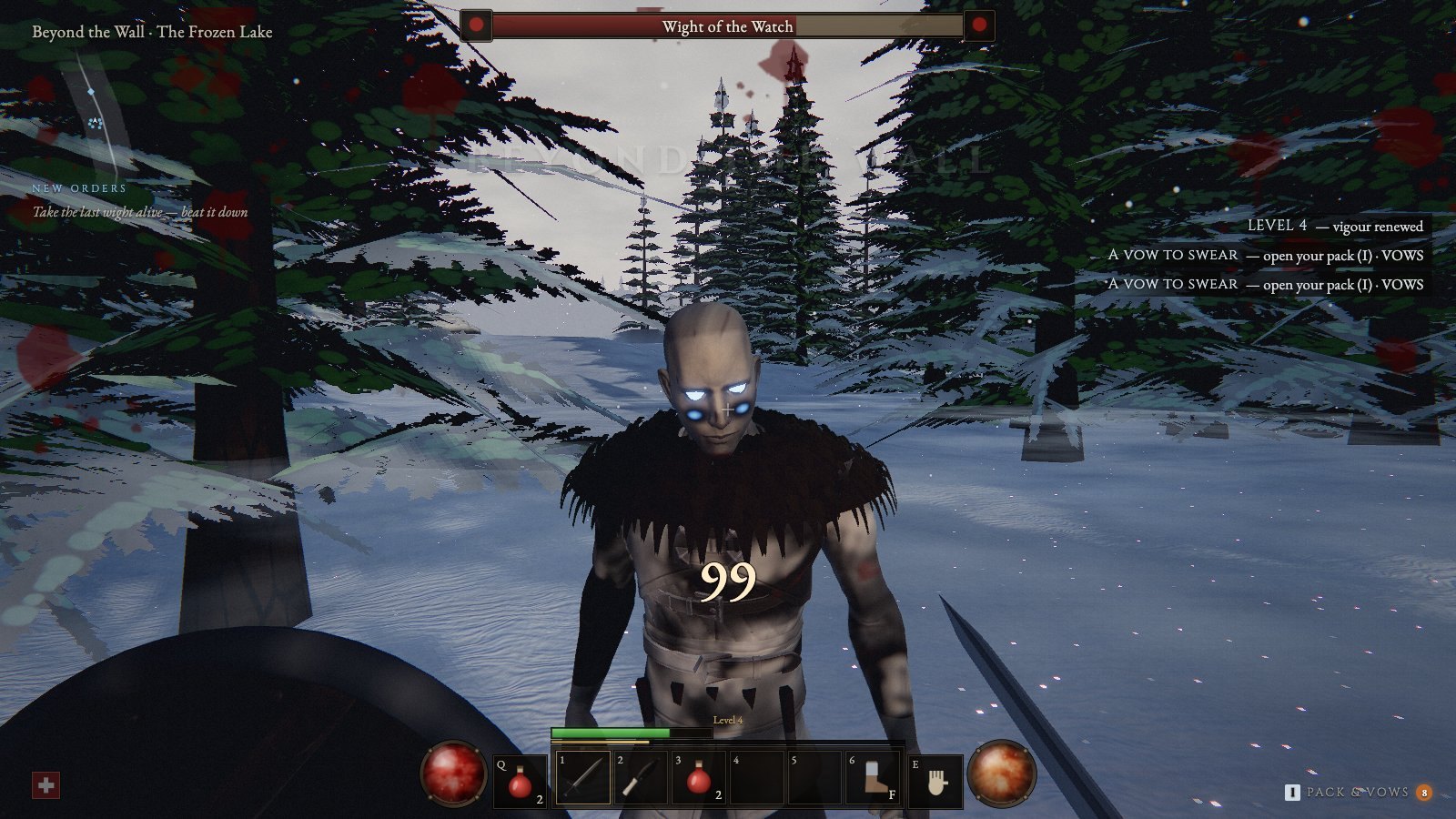A wight with glowing blue eyes closing in among the pines