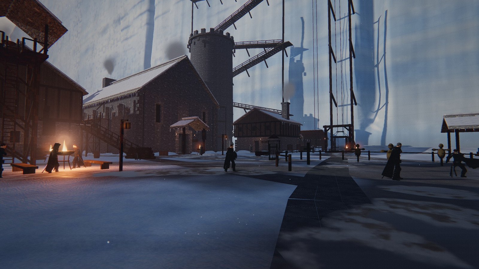 Actual gameplay: the yard of Castle Black beneath the Wall, with brothers of the Watch around the training ground