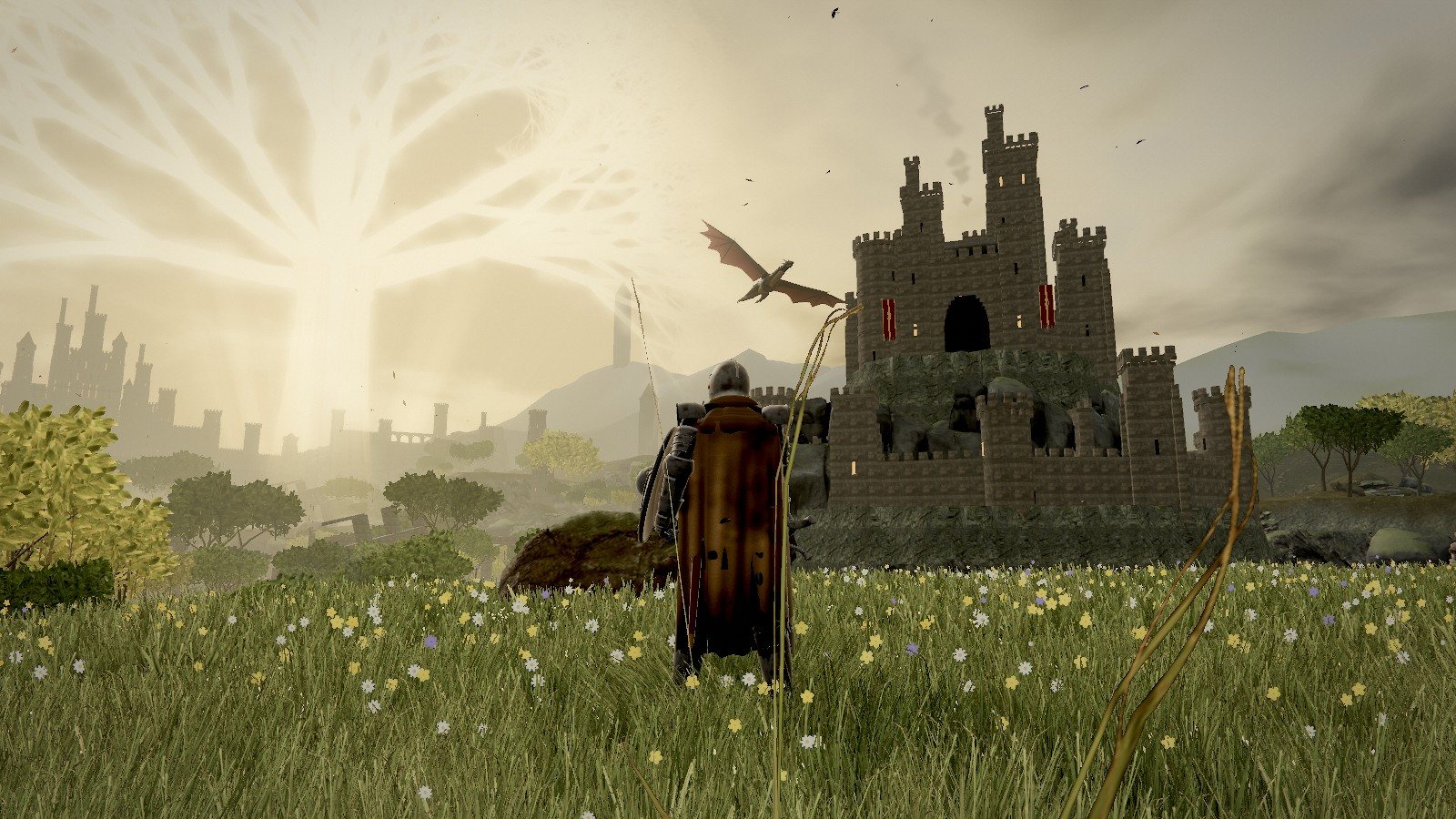 The castle on its crag under the golden tree, with a dragon passing