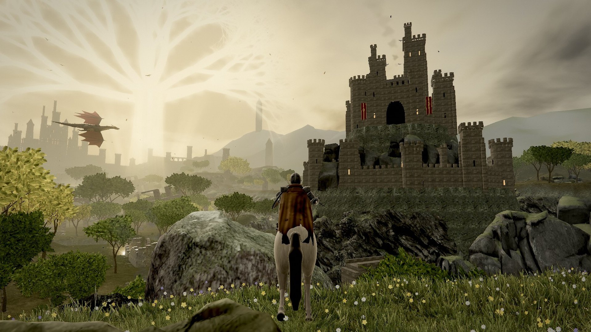A knight on horseback rides through a flowering meadow toward a castle on a crag, with a vast golden tree glowing in the sky and a dragon in the distance