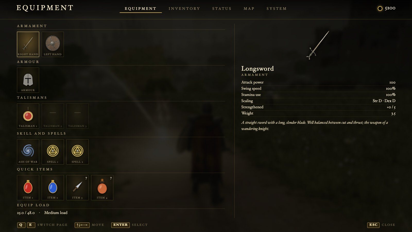 The equipment menu, with weapon, armour, talisman and spell slots