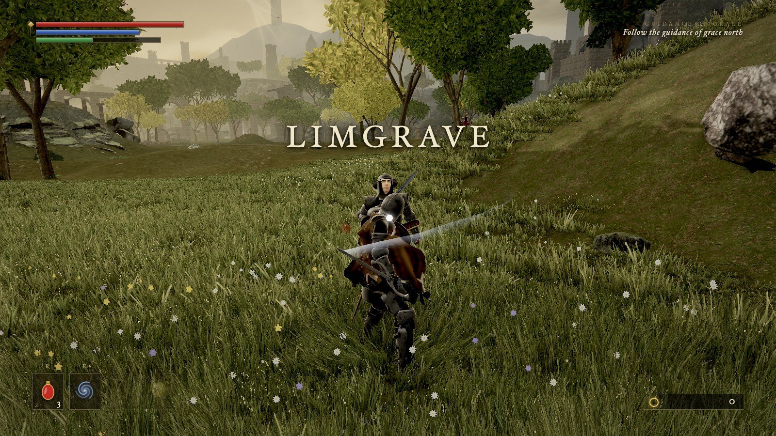 The knight swinging a heavy blow at a soldier in the meadow