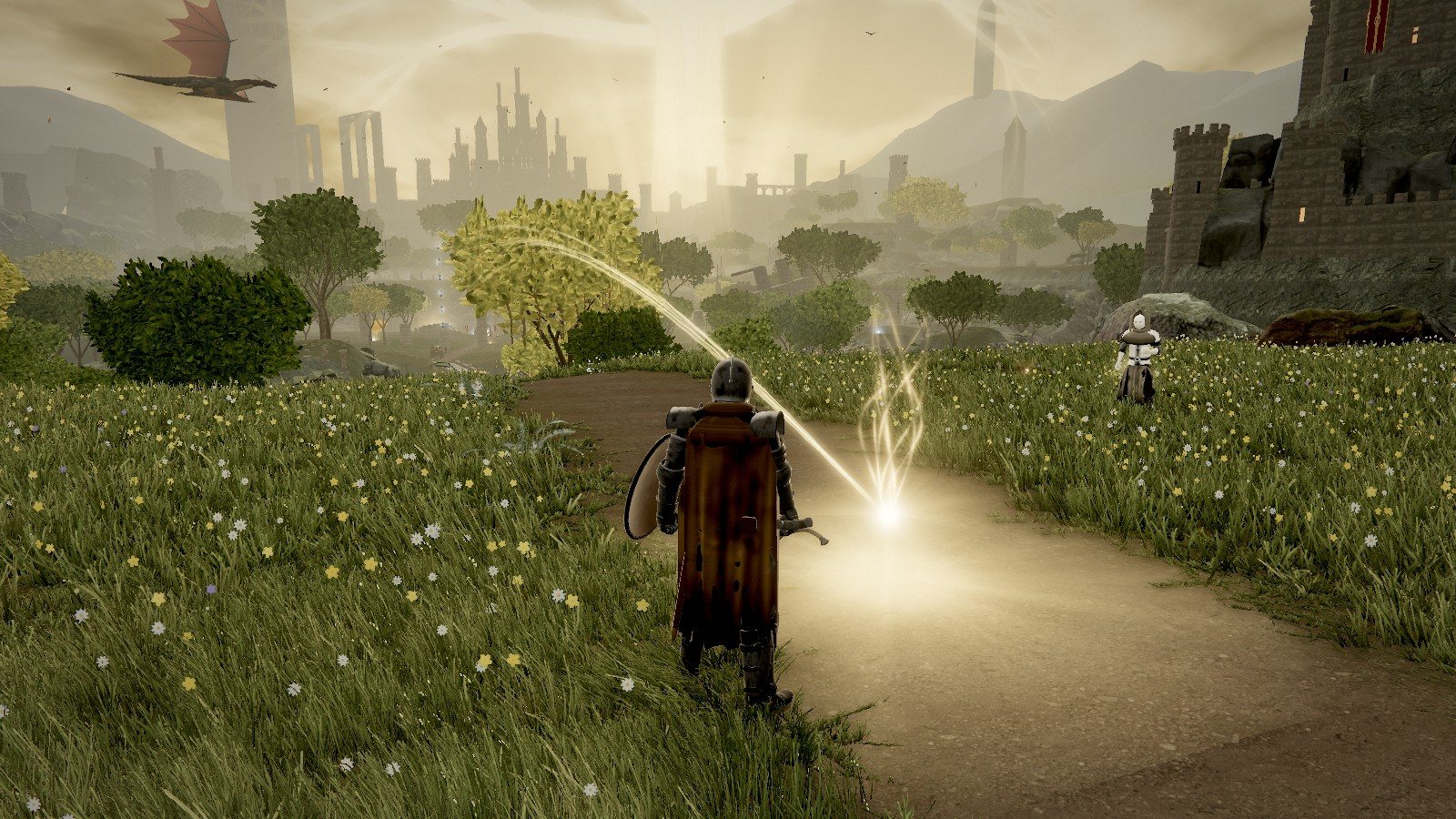 Actual gameplay: the knight walks toward a site of grace, a golden light on the path, with the castle and the golden tree beyond