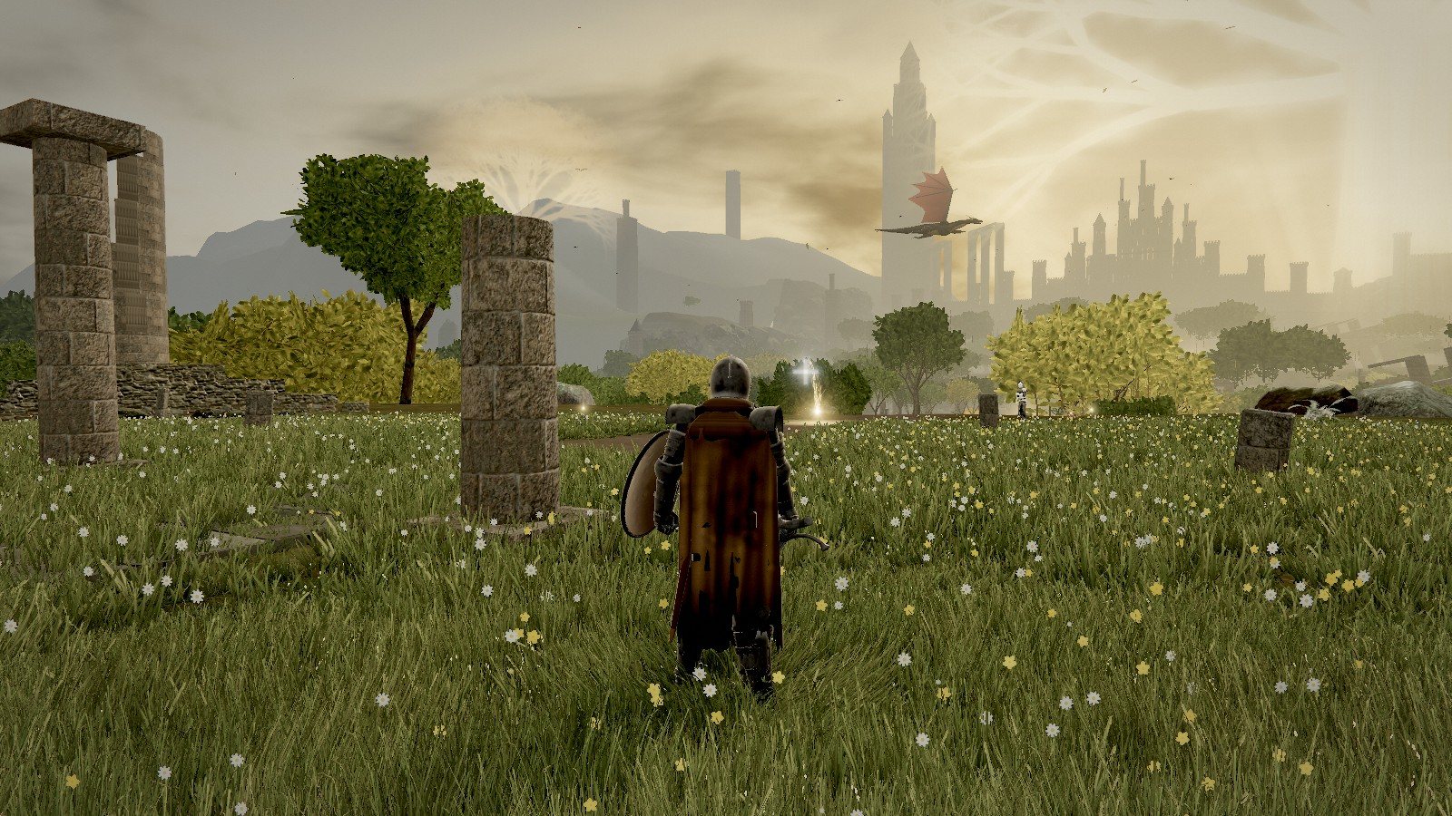 The open fields of Limgrave with ruins and trees