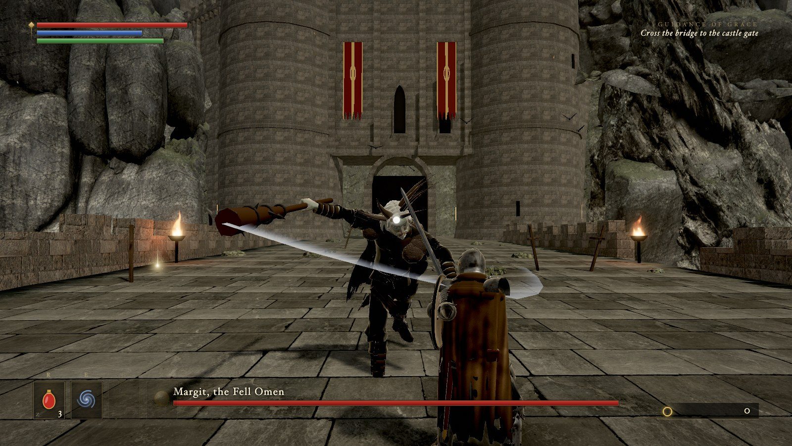 Margit, the Fell Omen, swinging a great club on the bridge before the castle gate