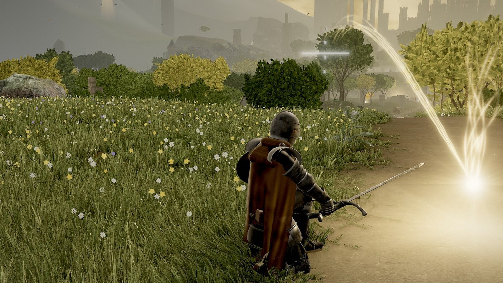 The knight kneeling to rest at a glowing site of grace