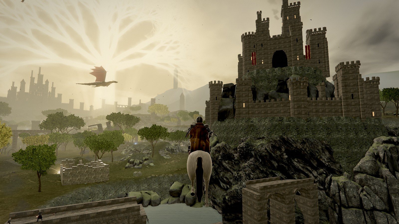 The knight riding a pale horned steed toward the castle