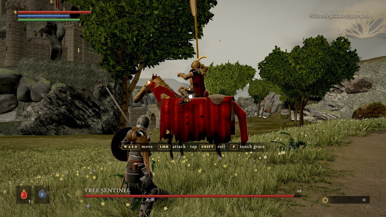 The Tree Sentinel, a knight in gold on an armoured red horse, bearing down on the player with its health bar on screen
