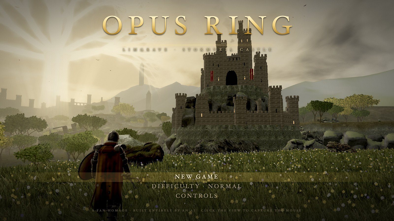 The Opus Ring title screen: a knight facing the castle under the golden tree