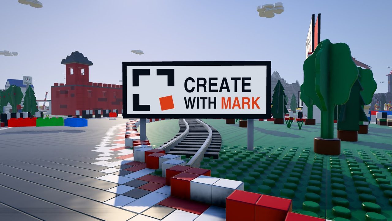 A trackside Create with Mark billboard on the Grand Prix circuit in The Brick Ages