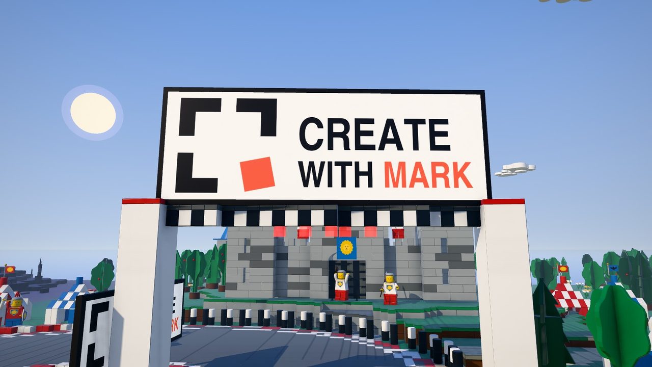 The Create with Mark logo on the start gantry of The Brick Ages Grand Prix, above the kart grid