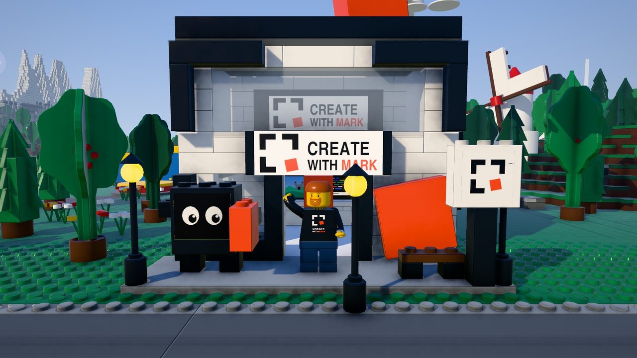 The Create with Mark HQ built from bricks in The Brick Ages, with a Mark minifigure waving at the door