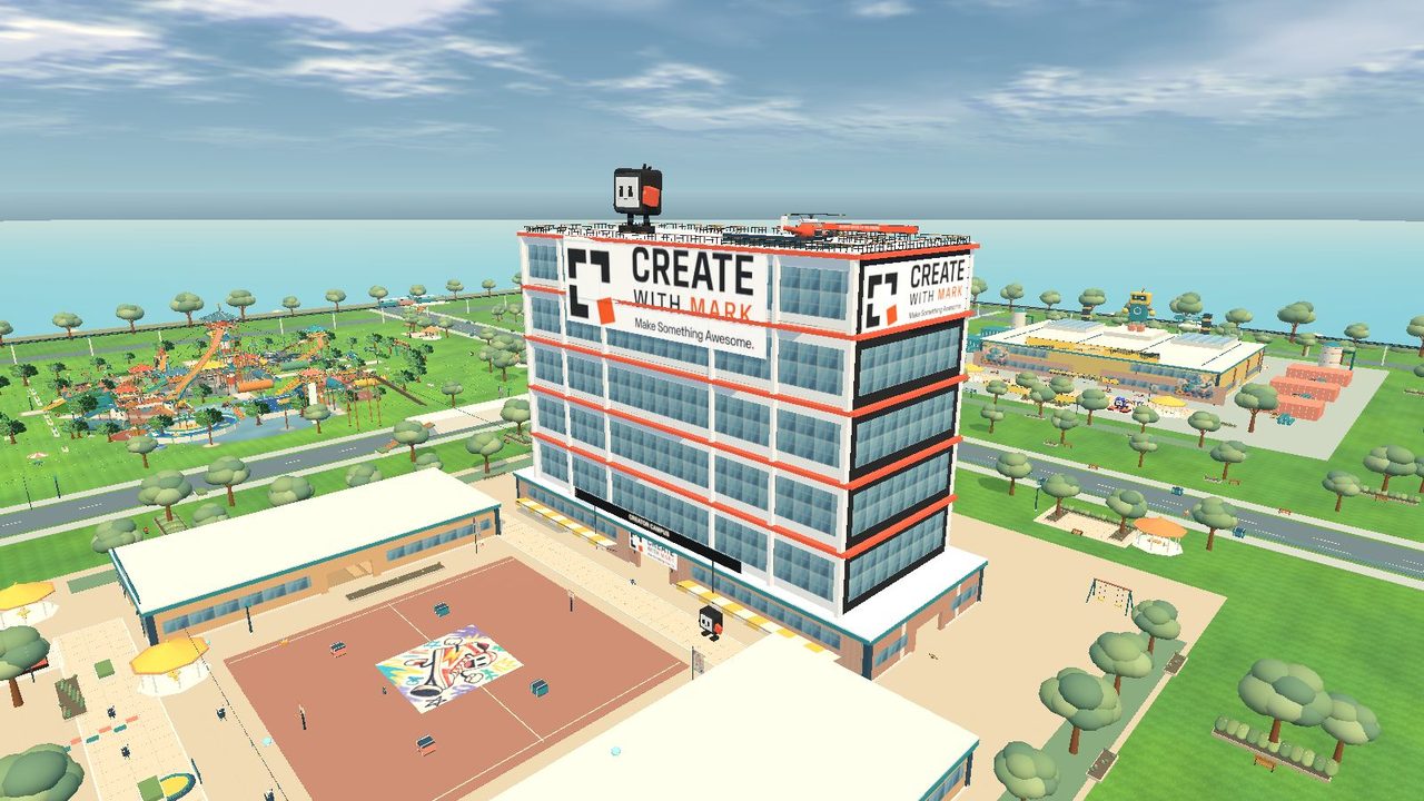 The Create with Mark HQ tower standing over the playground map in Foam Fury