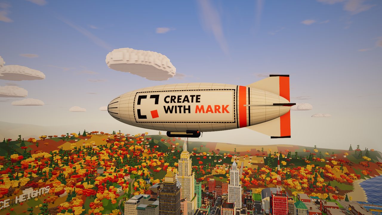 A cream airship with a big Create with Mark logo on its side, floating over the autumn skyline of Port Solace