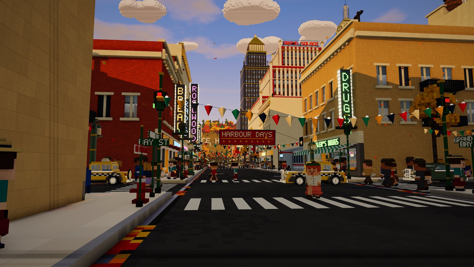 Grand Avenue at golden hour, with shop signs, bunting, the Harbour Days banner and the downtown towers beyond