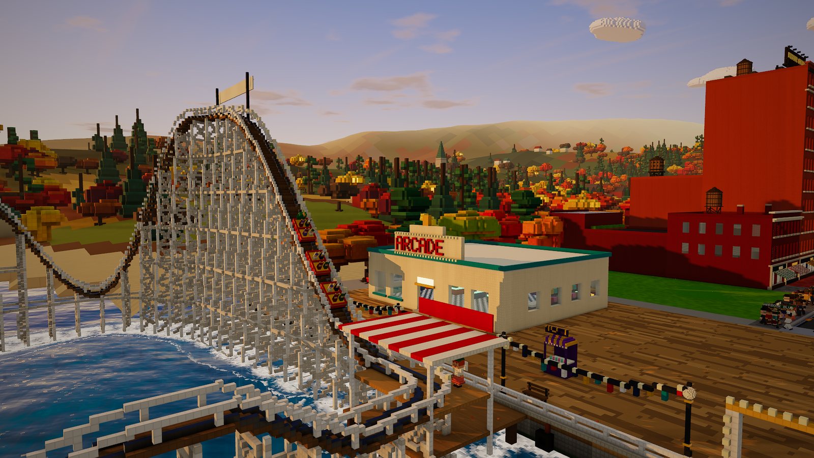 The wooden roller coaster on the boardwalk, next to the penny arcade