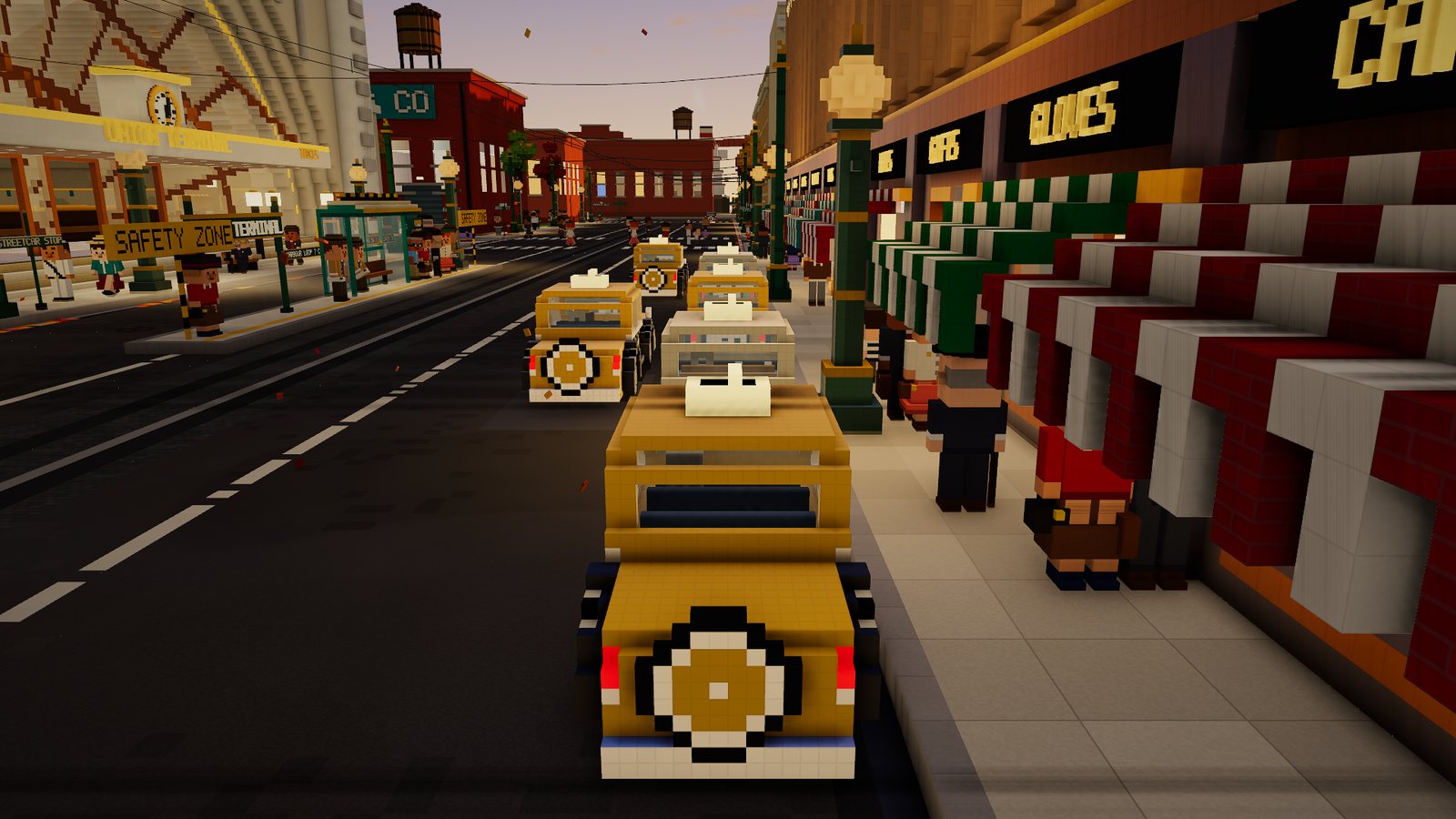 Driving a yellow Harbour Cab Co. taxi down a busy shopping street