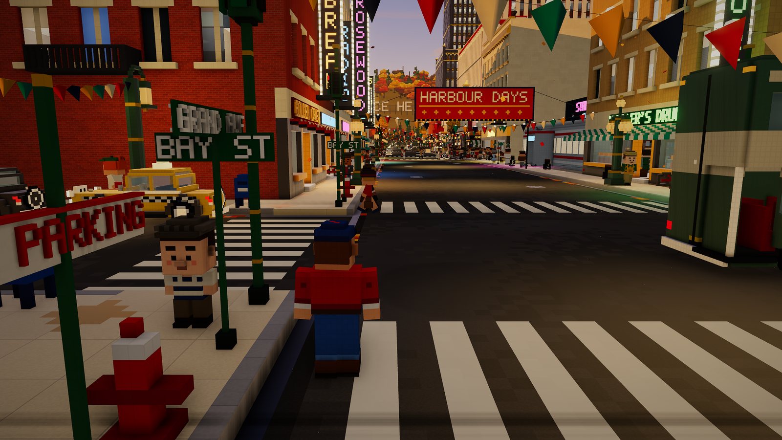 Walking up Bay Street toward Grand Avenue, under the Harbour Days banner and bunting, with a Beacon cab at the kerb