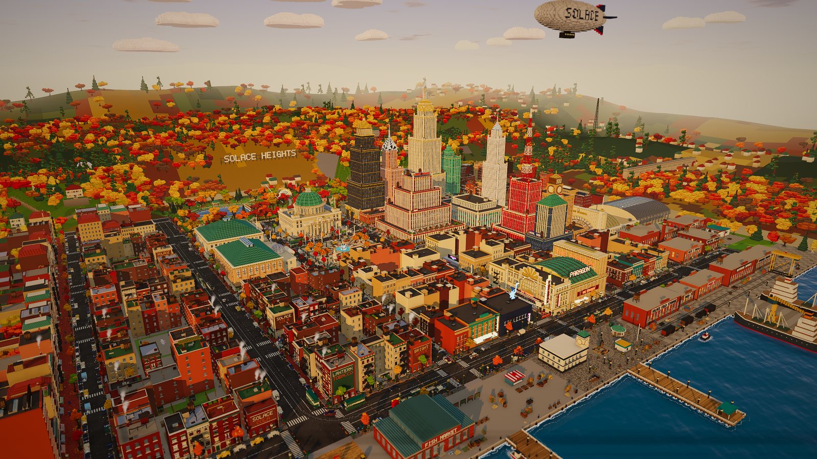 Actual gameplay: the whole city from above, from Old Town and the harbour to the downtown towers and the hills beyond