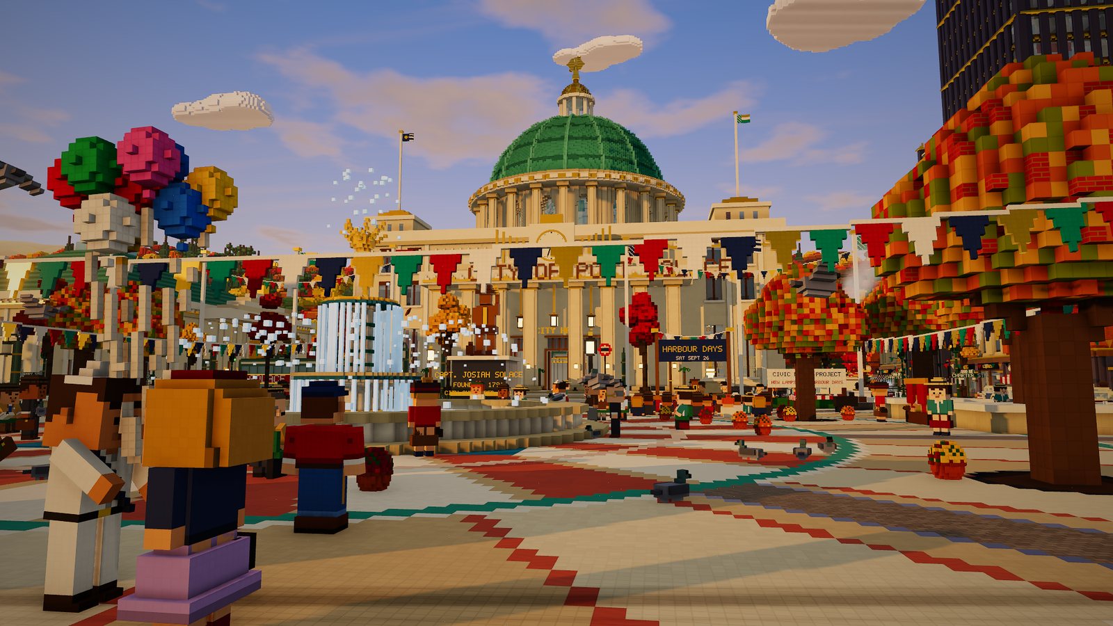 Civic Plaza during Harbour Days: crowds, a balloon seller, bunting and the green dome of City Hall