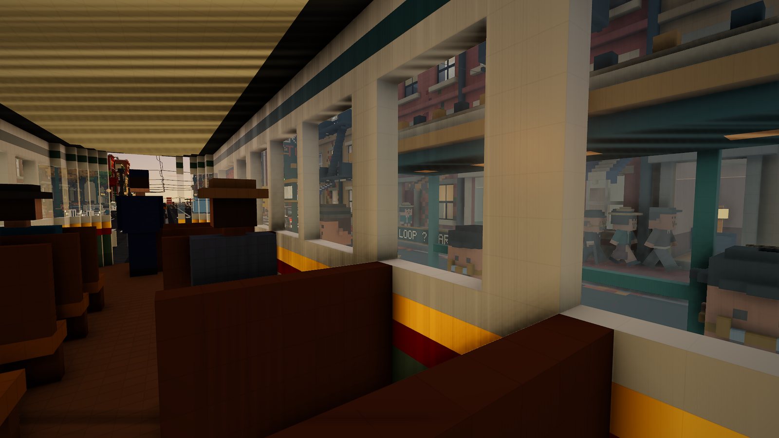 Riding inside the streetcar, with passengers on the seats and the city passing the windows