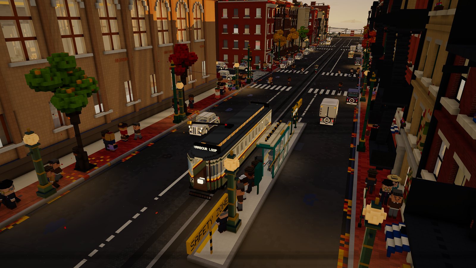 The green and cream streetcar rolling down a tree-lined avenue past shops and parked cars
