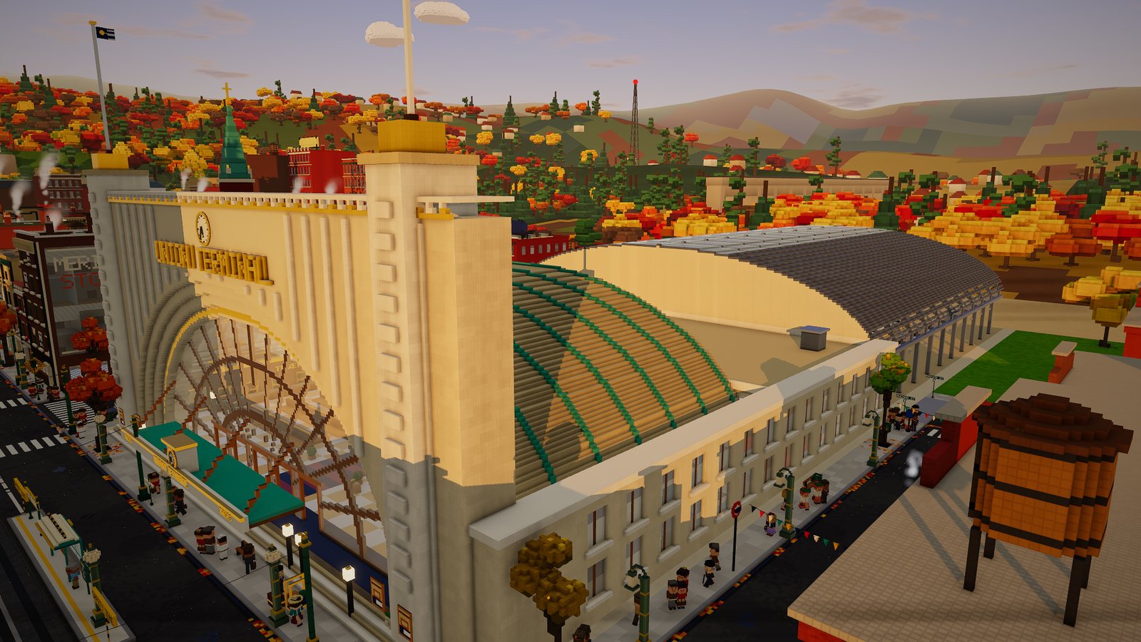 Union Terminal, a cream art deco station with a great arched window and a curved train shed