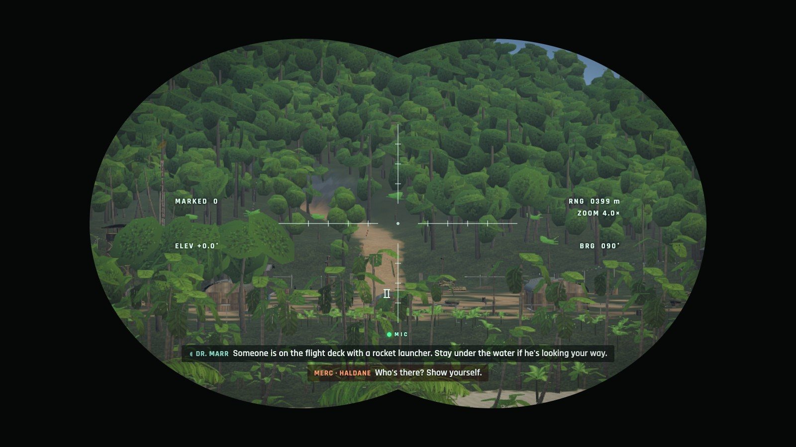 Looking through binoculars at the mercenary outpost, with range and bearing on the lenses