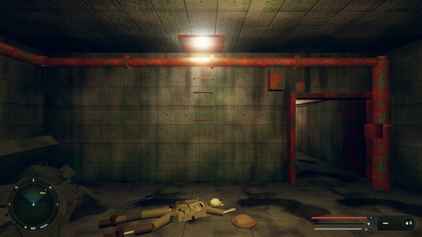 A flooded concrete bunker corridor lit by one caged lamp, with rusted pipes along the wall