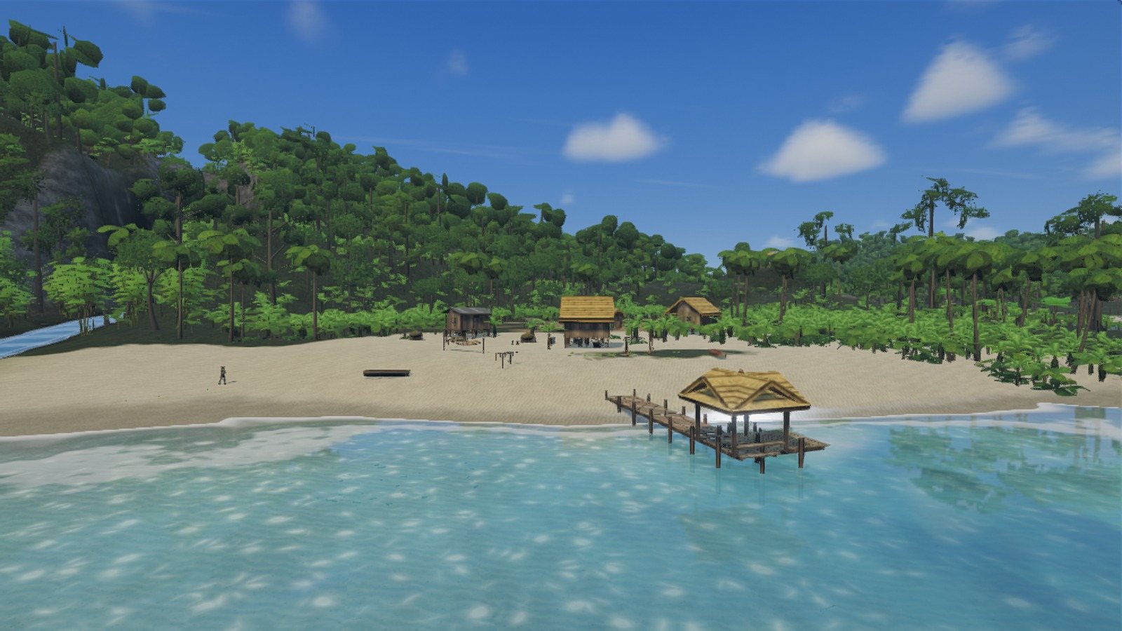 The mercenary camp on the beach, with thatched huts and a jetty