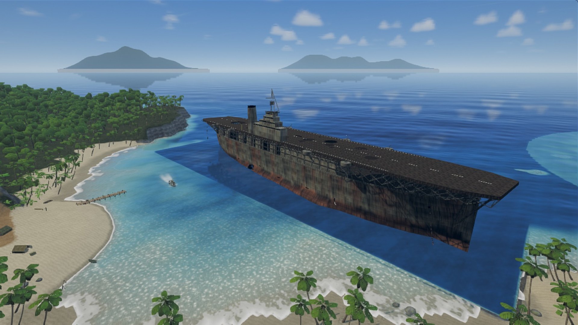 A rusting aircraft carrier grounded in a turquoise bay beside a jungle island, with a patrol boat crossing the shallows and two more islands on the horizon
