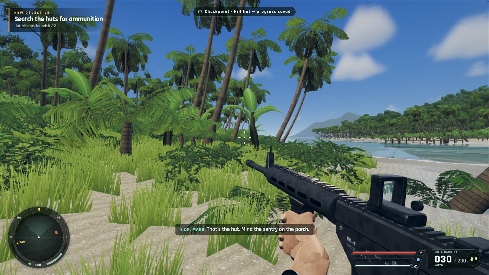 Carbine in hand, walking through tall grass and palms toward the beach