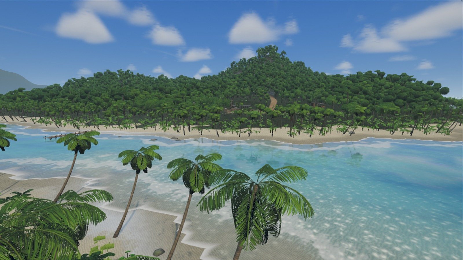 Palms and a sandbar leading across turquoise shallows to the second island